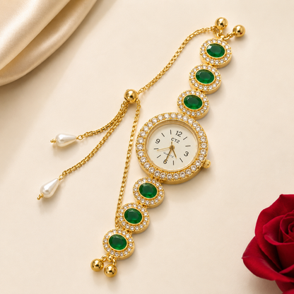 Gold Plated Ruby AD Halo Link Adjustable Watch