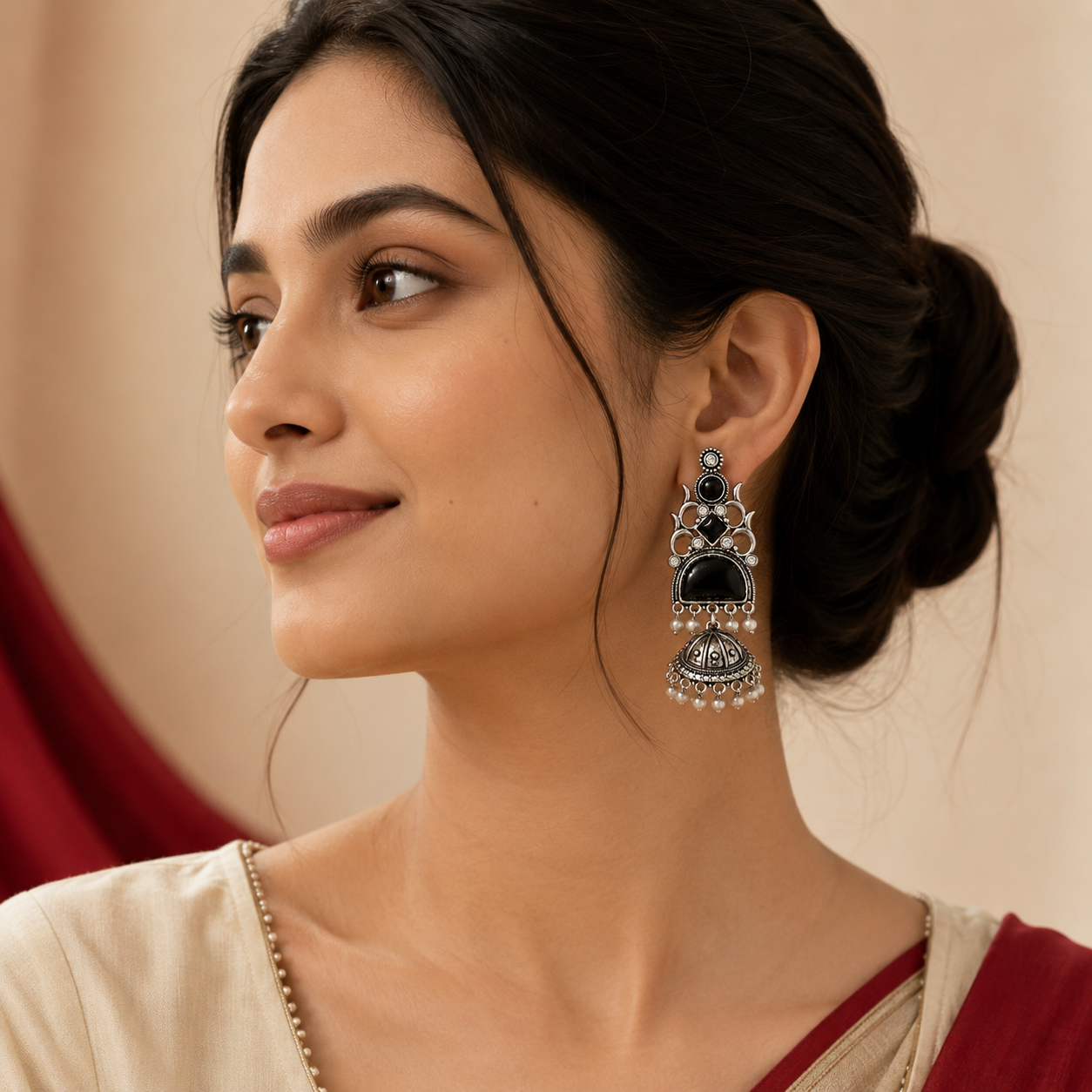 Oxidised Silver Round Half Moon Multi Stone Jhumka Pearl Earrings