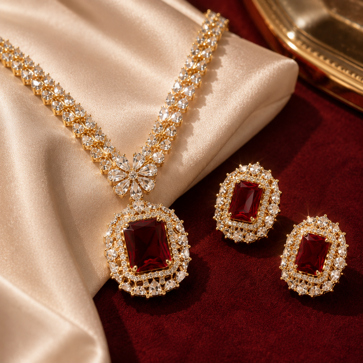 Gold Tone Red Ruby Rectangle AD Halo Pendant Necklace Set