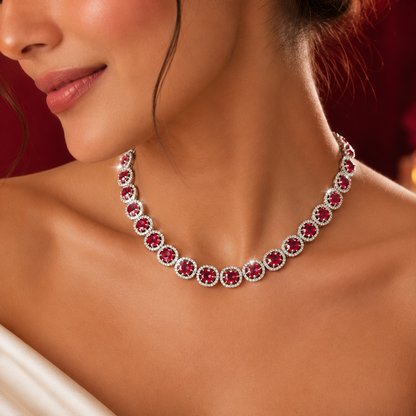 Silver Tone Red Round American Diamond Tennis Necklace Set