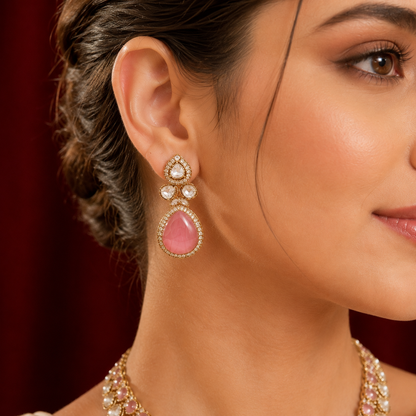 Moisannite Dusty Rose Pink Polki Kundan Necklace Set With Maang Tikka