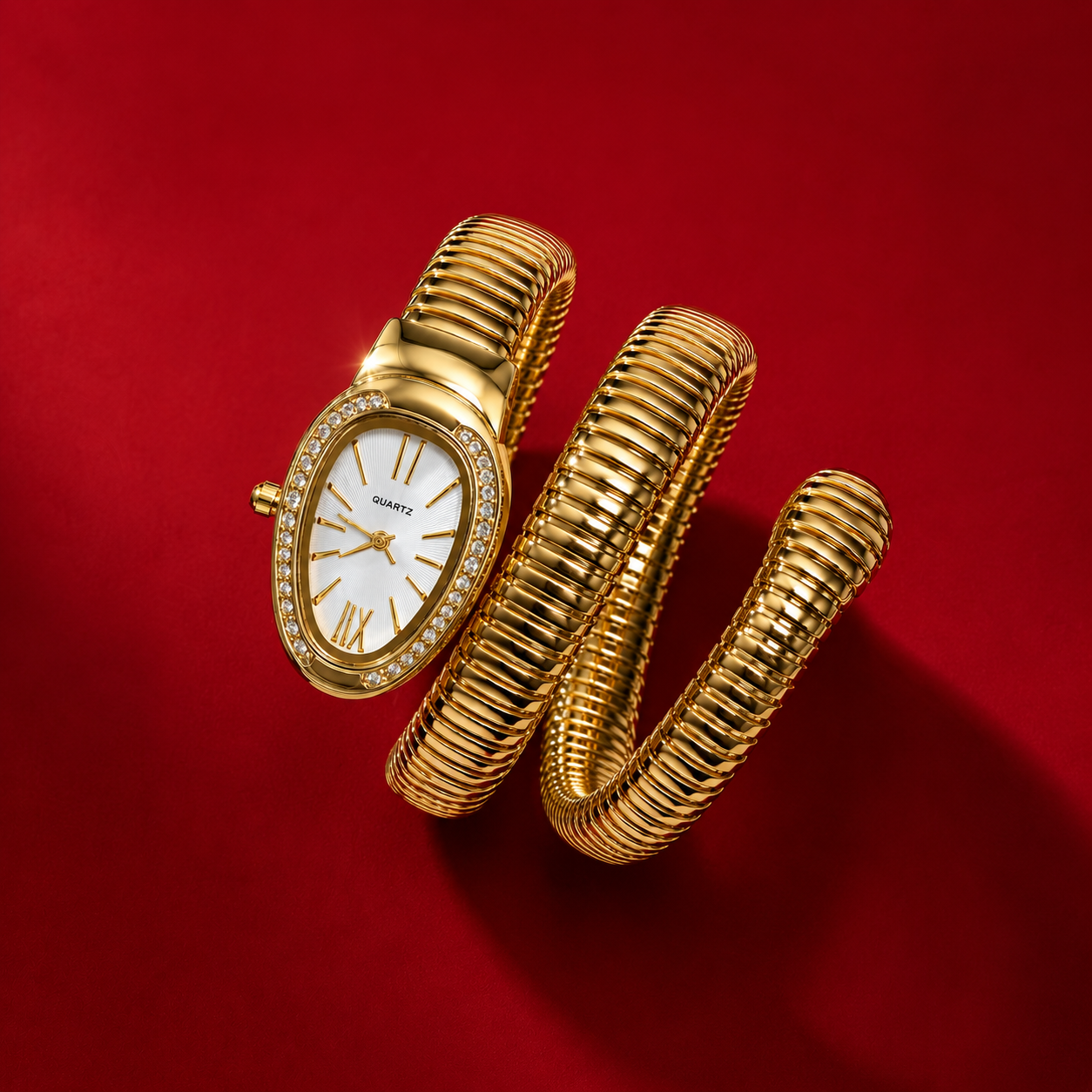 Gold Plated Snake Wrap Coil AD Bezel Quartz Watch
