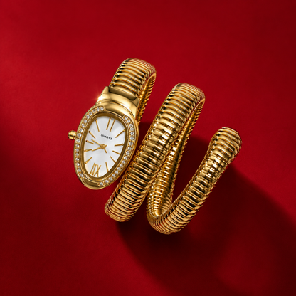 Gold Plated Snake Wrap Coil AD Bezel Quartz Watch