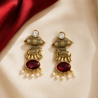 Gold Tone Elephant Motif Oval Stone Pearl Earrings
