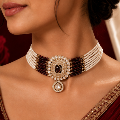 Wine Red Multi-Layer Pearl Kundan Choker Set