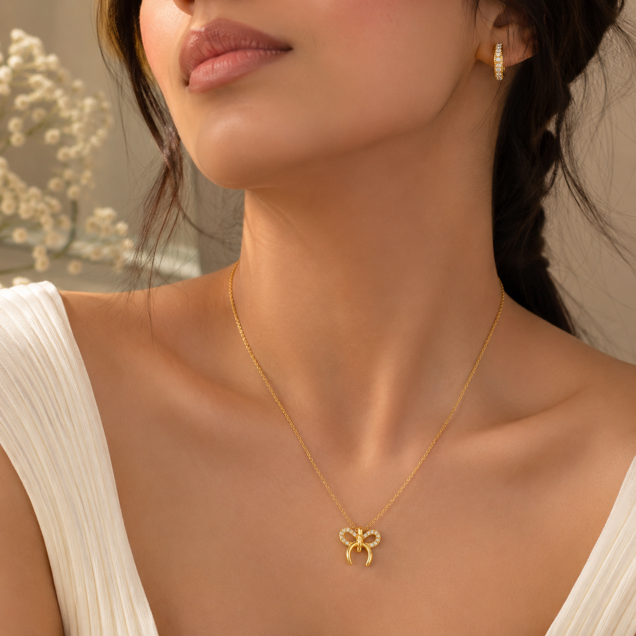 Pavé Bow & Crescent Drop Necklace
