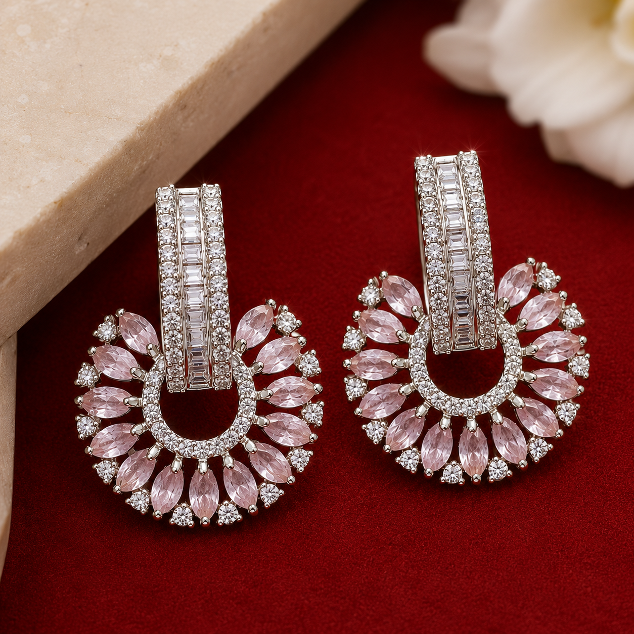 Light Pink Baguette Round AD Fan Statement Stud Earrings