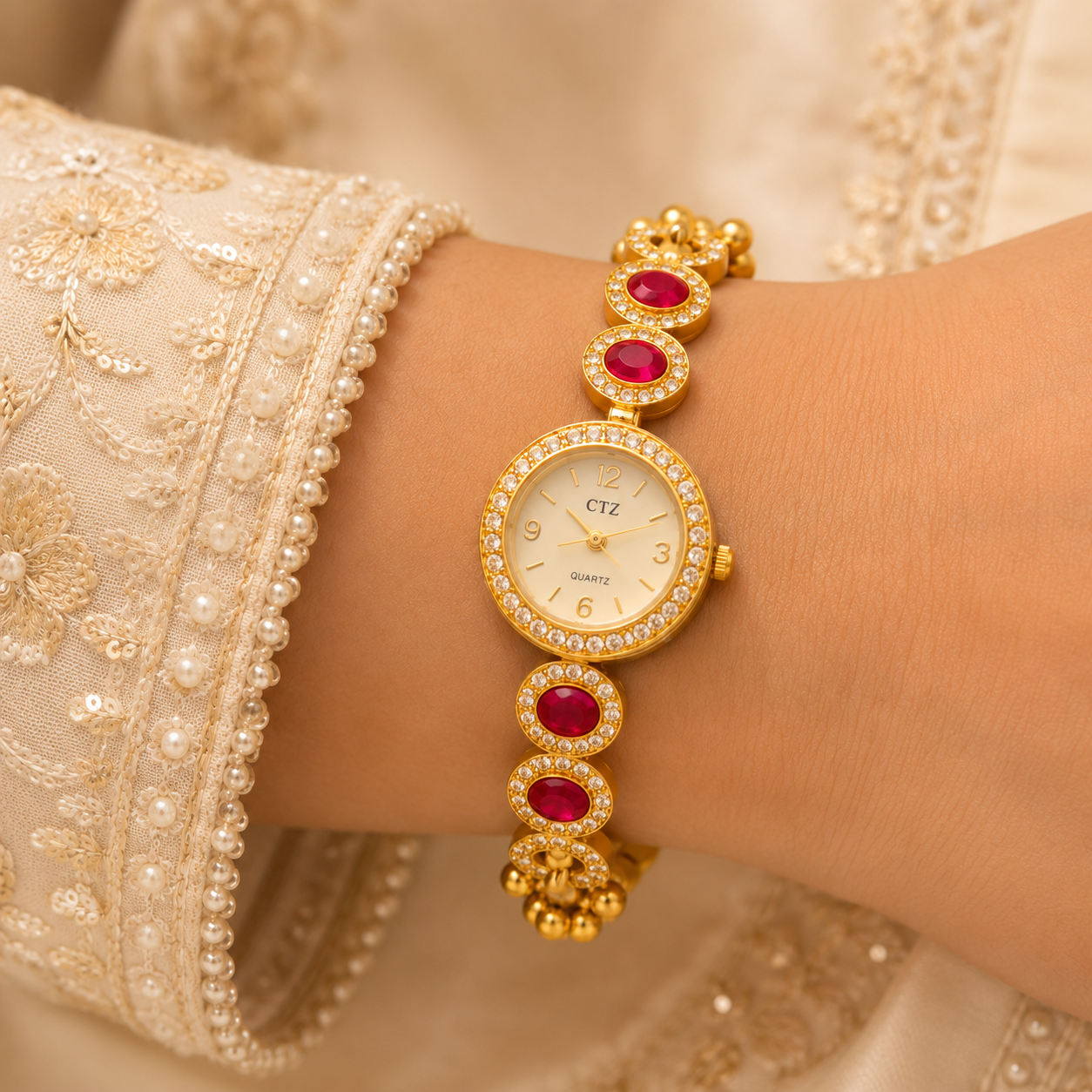 Gold Plated Ruby AD Halo Link Adjustable Watch