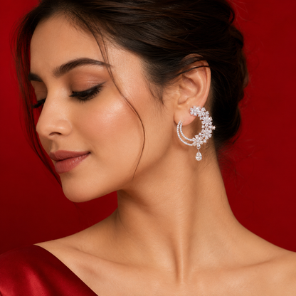 White AD Flower Teardrop Dangler Earrings