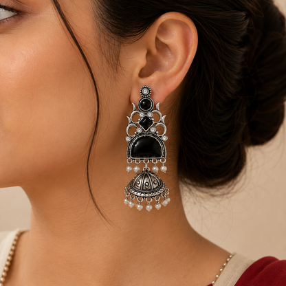 Oxidised Silver Round Half Moon Multi Stone Jhumka Pearl Earrings