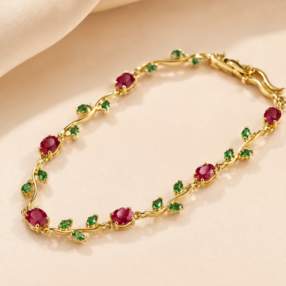 Red Ruby Oval Emerald Green Round Vine Link Bracelet