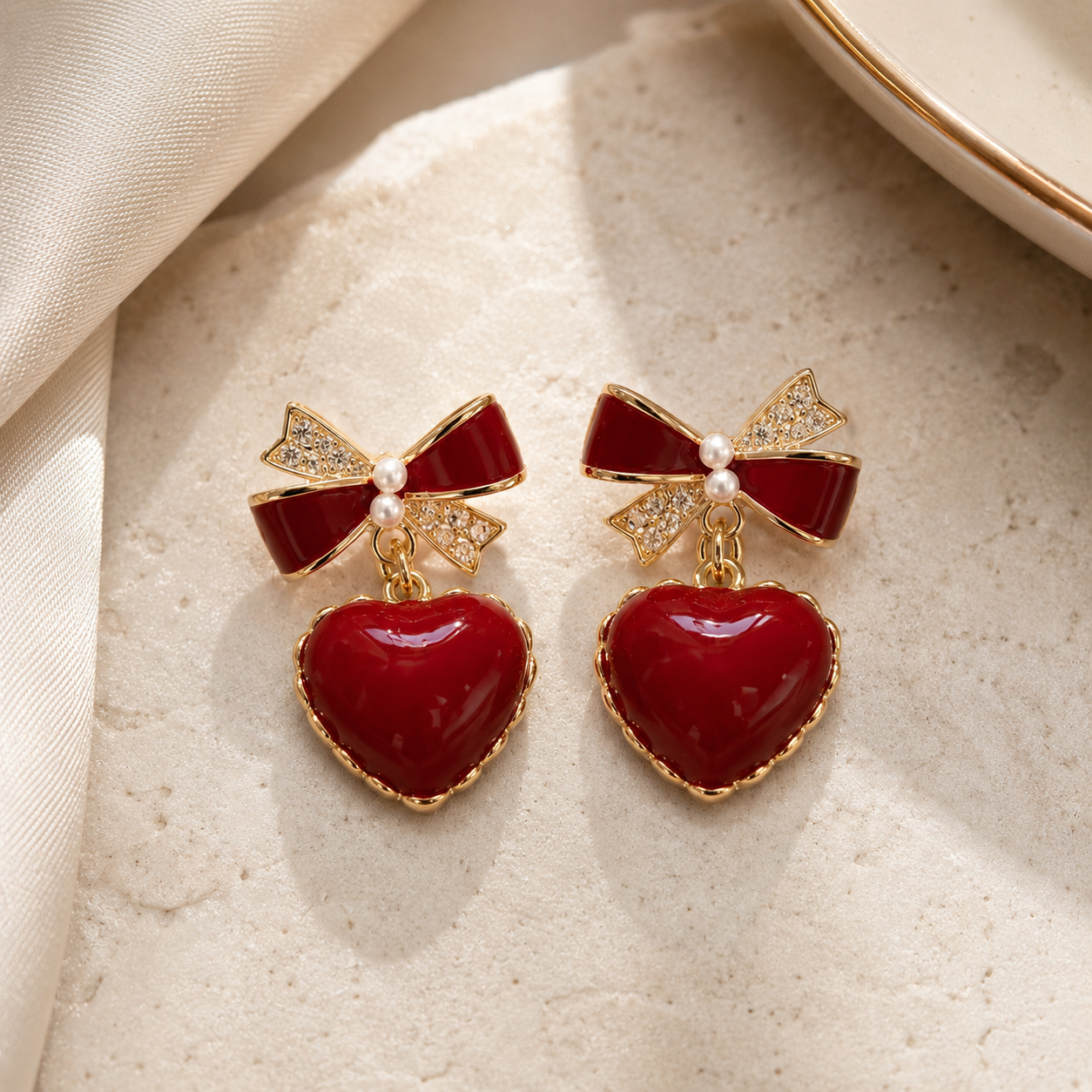 Red Enamel Bow & Heart Drop Earrings