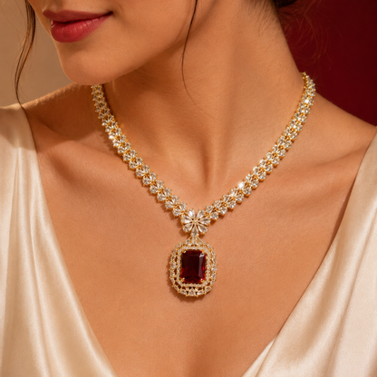 Gold Tone Red Ruby Rectangle AD Halo Pendant Necklace Set