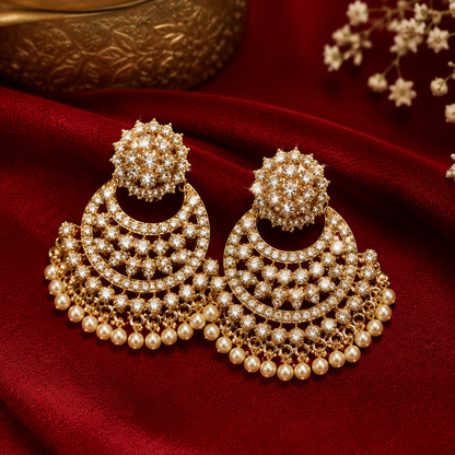 Gold Plated Round Multi Layer Crescent Moon Chandbali Earrings
