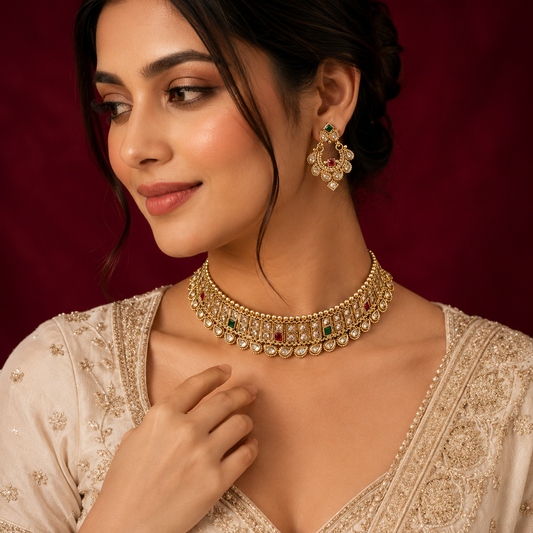 Antique Gold Multi Stone Square Choker Set