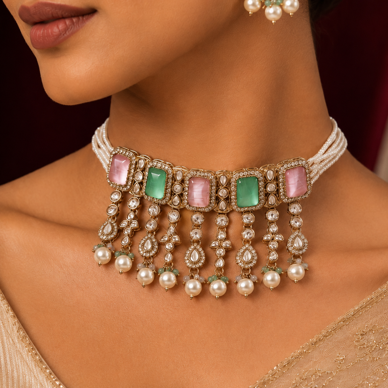 Moisannite Blush Pink Jade Green Kundan Pearl Tassel Choker Set