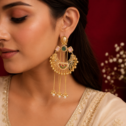 Gold Tone Green Pink Chandbali Pearl Chain Earrings