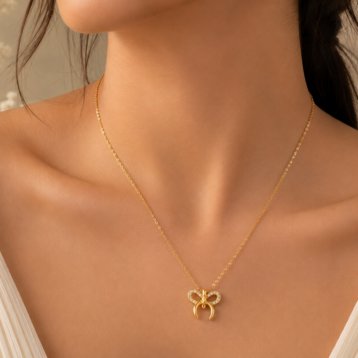 Pavé Bow & Crescent Drop Necklace