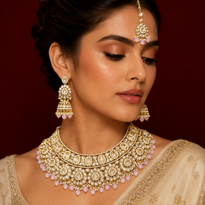 Blush Pink Polki Kundan Pearl Necklace Set With Maang Tikka