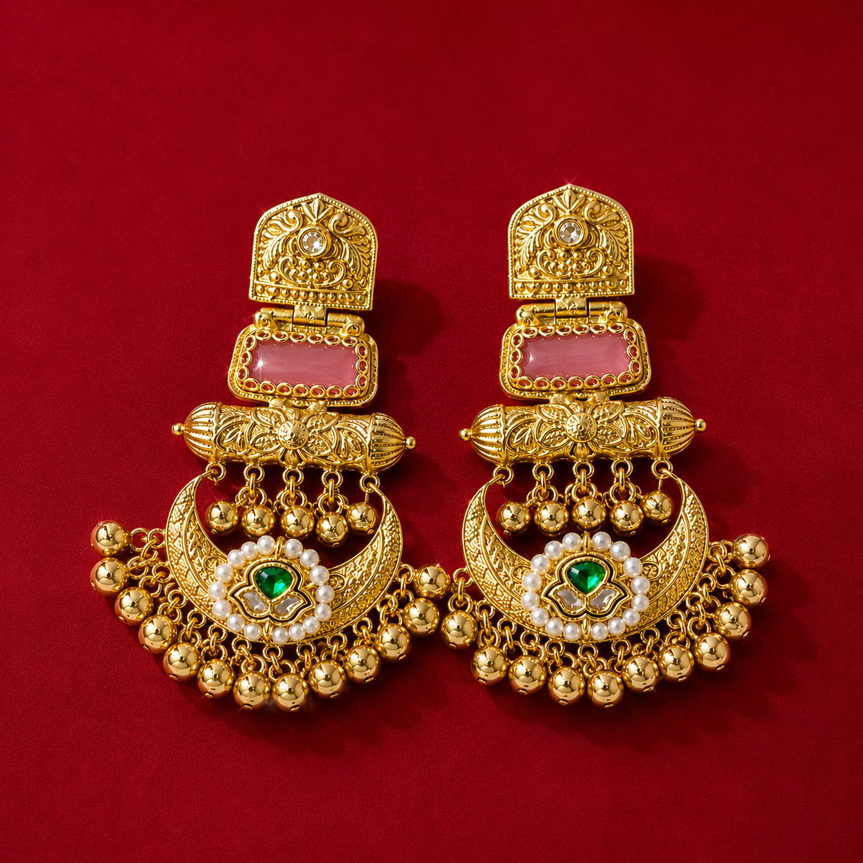 Gold Tone Pink Meenakari Emerald Pearl Chandbali Earrings