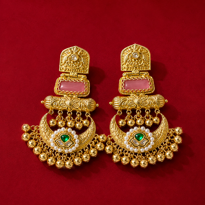 Gold Tone Pink Meenakari Emerald Pearl Chandbali Earrings