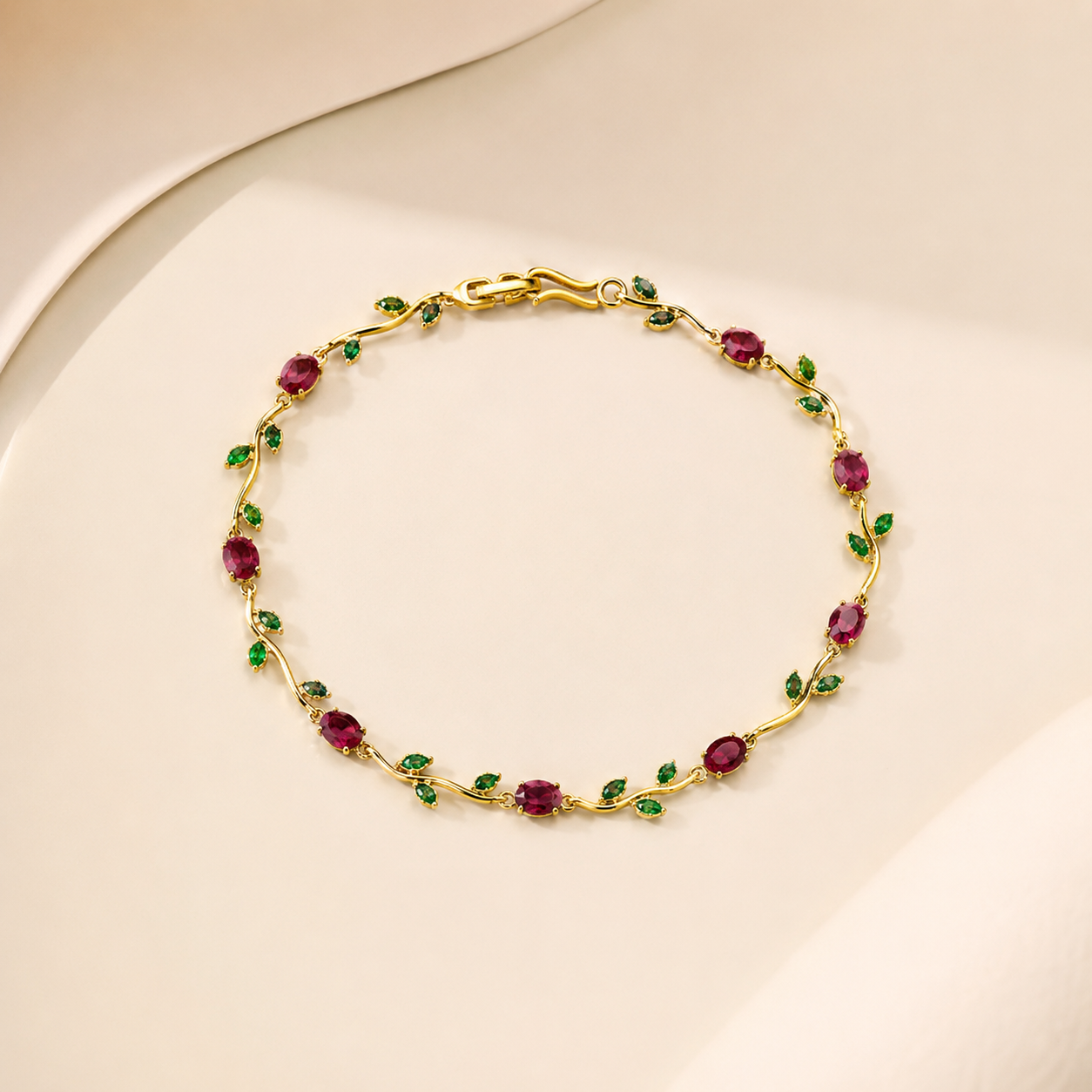 Red Ruby Oval Emerald Green Round Vine Link Bracelet