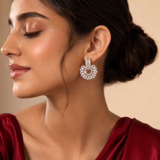 White AD Baguette Fan Wheel Statement Stud Earrings