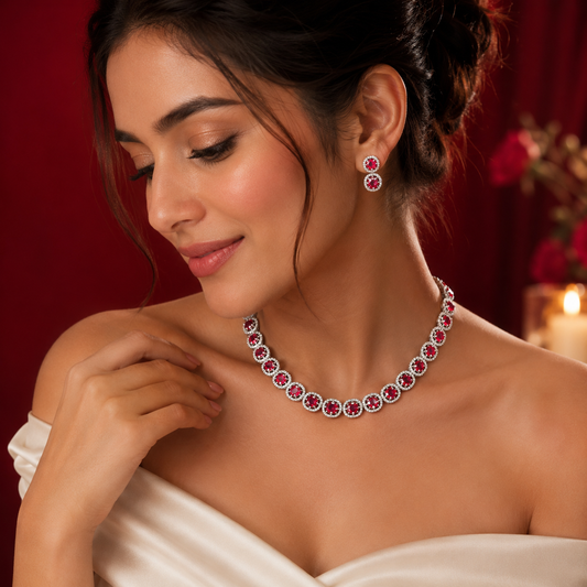 Silver Tone Red Round American Diamond Tennis Necklace Set