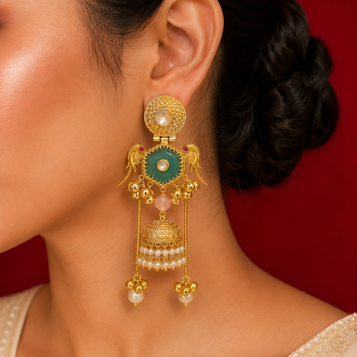 Gold Green Stone Polki Parrot Motif Pearl Ghungroo Earrings