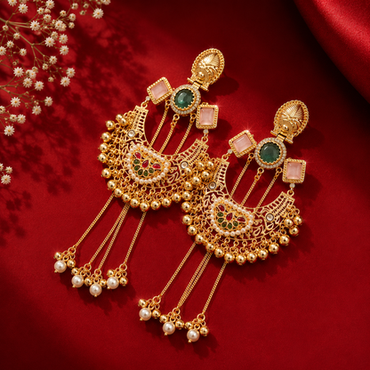 Gold Tone Green Pink Chandbali Pearl Chain Earrings