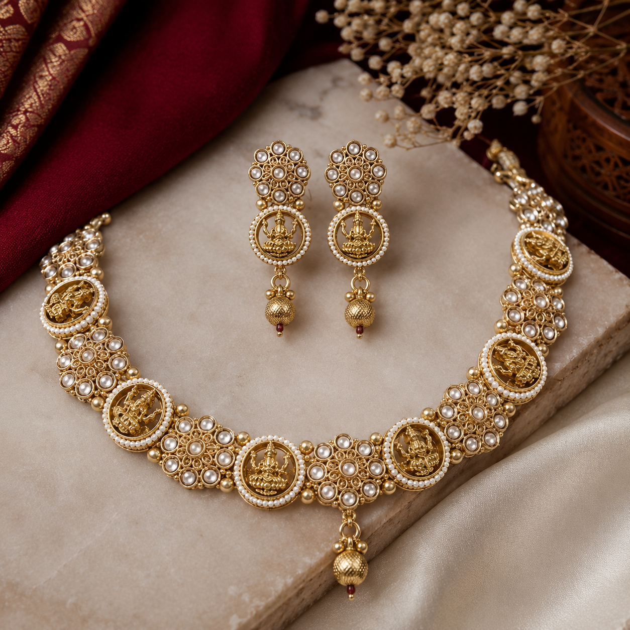Goddess Lakshmi Temple Kundan Pearl Necklace Set