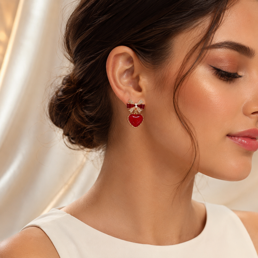 Red Enamel Bow & Heart Drop Earrings